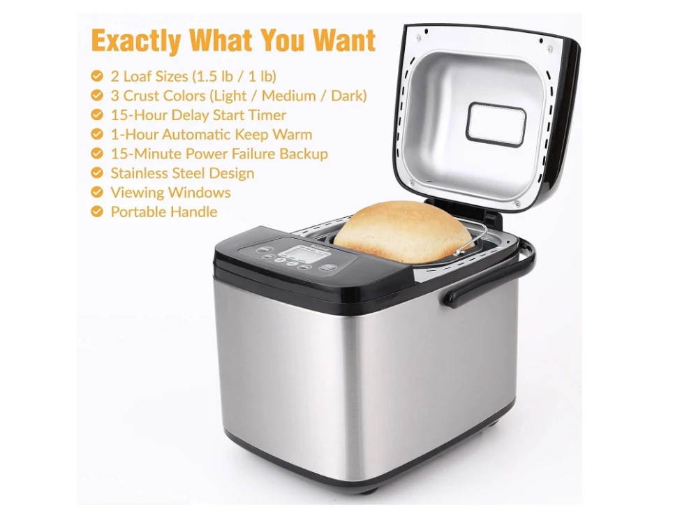 19-in-1 Compact Bread Maker Machine, 1.5 lb / 1 lb Loaf Small Breadmaker with Carrying Handle,, Automatic Keep Warm