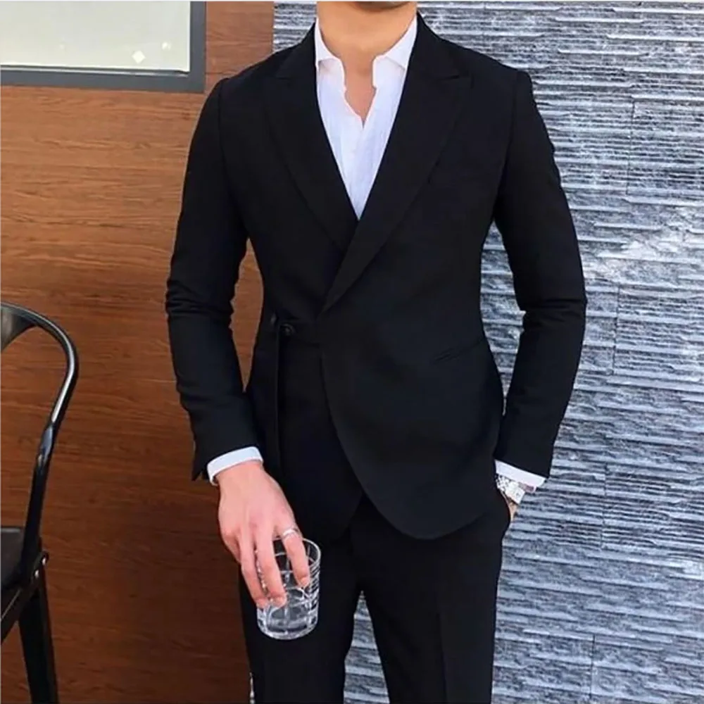 

STEVDITG Causual Men's Suits Terno Black Peaked Lapel 2 Piece Jacket Pants Slim Fit trajes Elegante Para Hombres Business Outfit