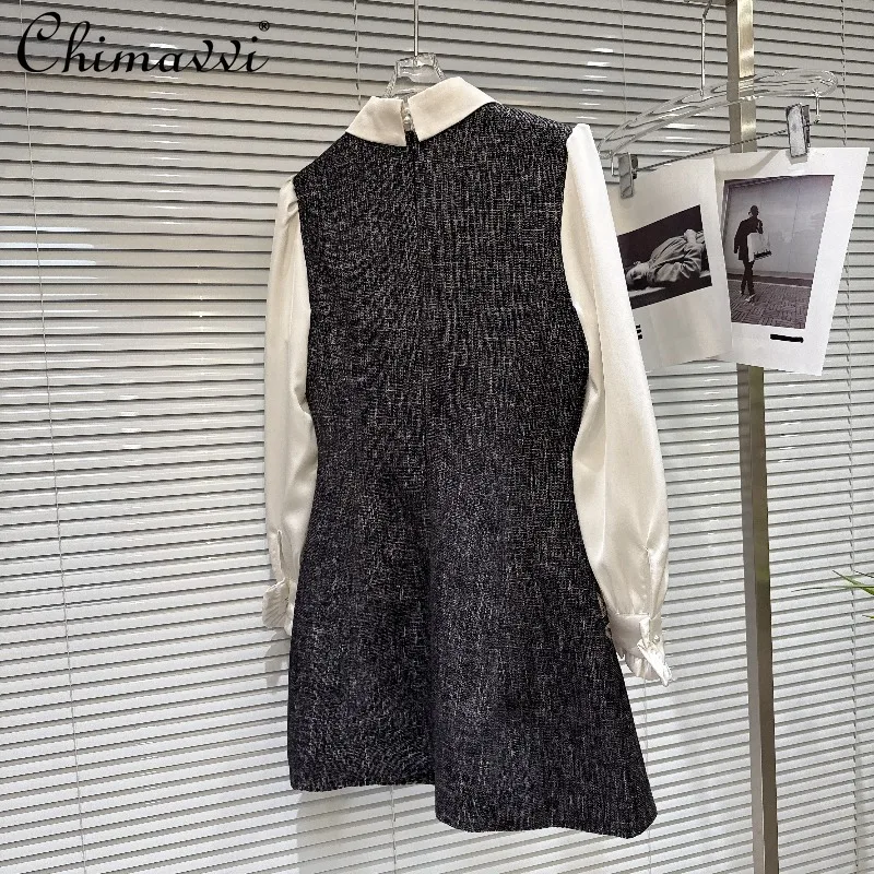 Winter New French Style Bowknot Sequin Shirt Patchwork Fake Two-piece Dress Women's Fashion Long Sleeve Elegant Dress Women