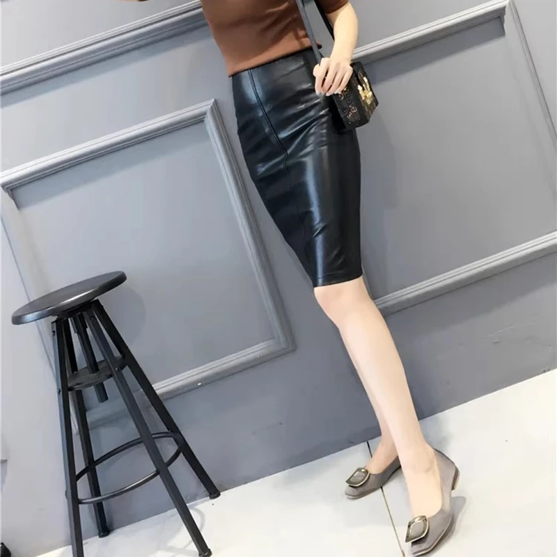 Woman High Waist Pencil Skirts Club Vintage Bodycon Midi Skirt PU Leather Skirt Sexy Jupe Faldas