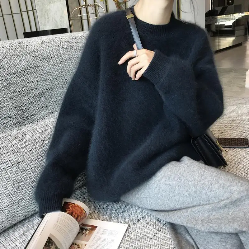 

Soft Thiened Knitted Loose Bot Order Tail Single Piece Warm round Ne Long Sve Straight Cut Fem Top