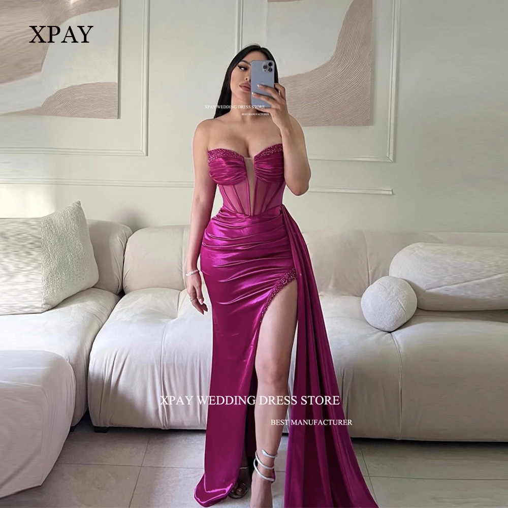 

XPAY Sexy Sweetheart Satin Mermaid Long Prom Dresses Fuschia Dubai Arabic Women Beads Split Evening Gowns Pageant Party Dress