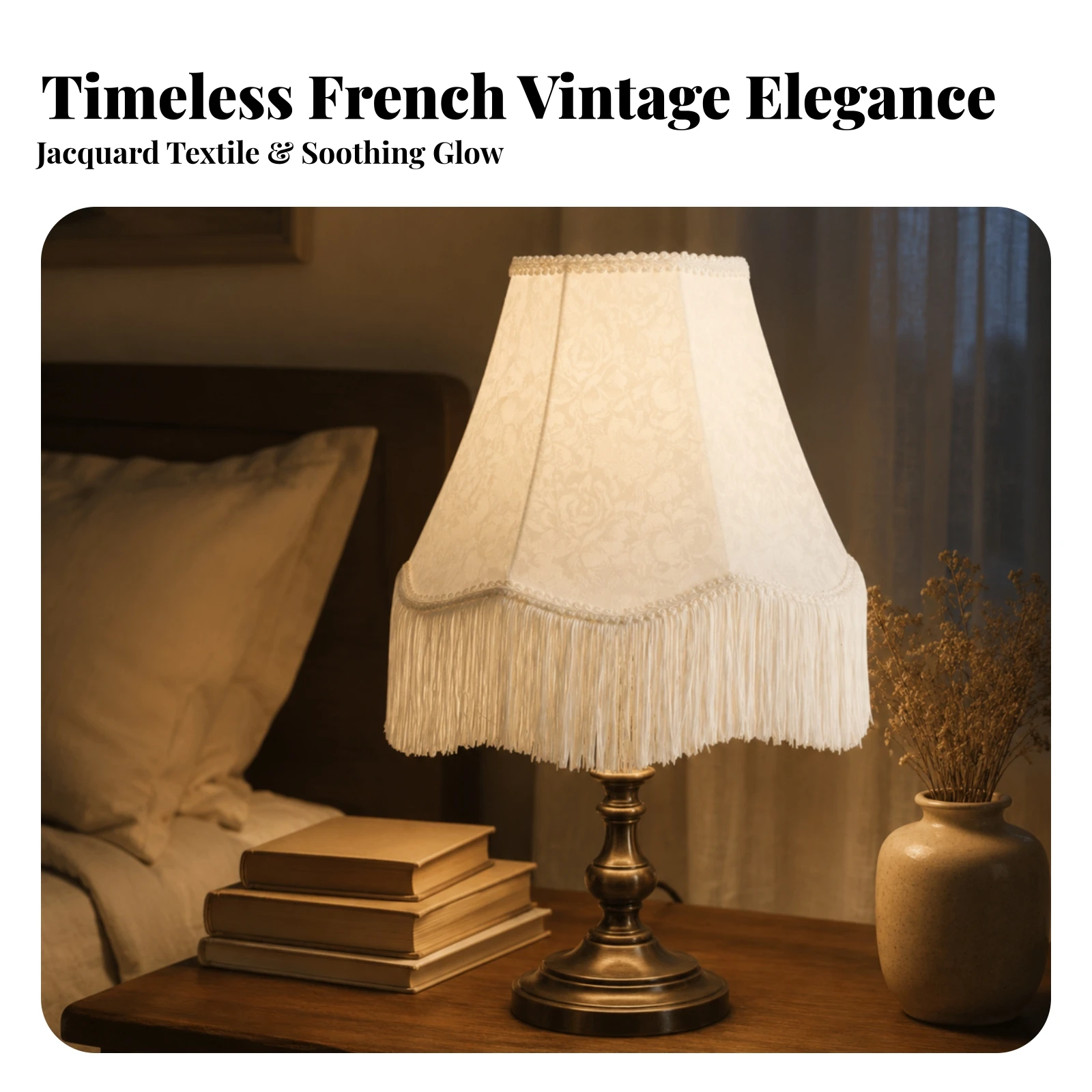 Damask-Patterned Lampshade with Trim Fringed White Cloth Lampshade with Fringe Decorative Cloth Lamp Shade Replacement