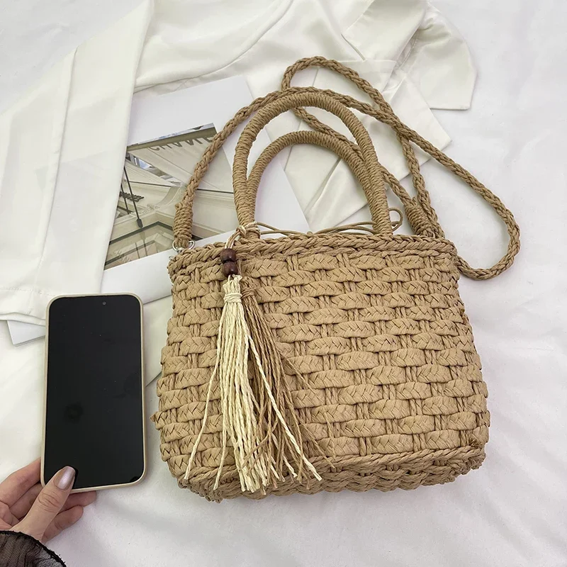 Summer Tote Bag Women Shoulder Bag Small Simple Handmade Weave Straw Bags 2024 Fashion Crossbody Bags Handbags Ladies Beach Bag