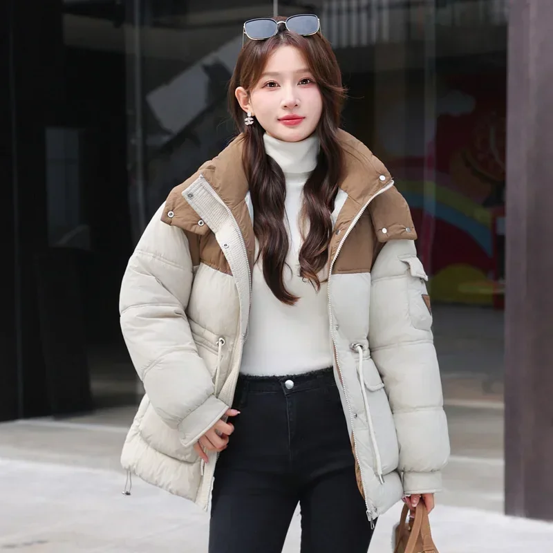 Contrast color Down Cotton-padded Jacket Women's Winter Parkas Short Outerwear Streetwear Thicken Oversize Loose Hooded Coats