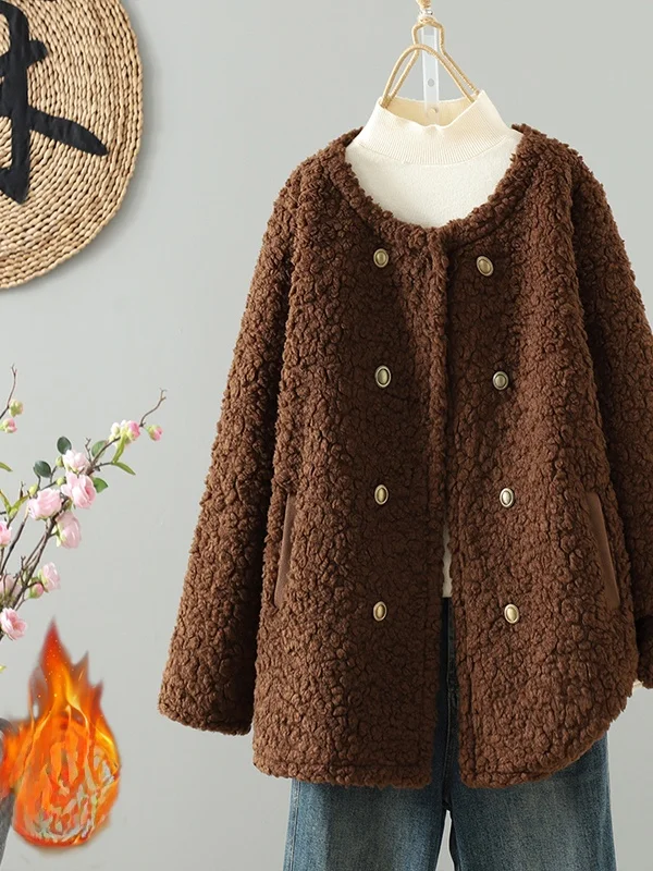 Loose Lamb Fur Jaet ort round Ne Double Breasted Winter New Sle Women's Woolen Coat Pure Color Long Sve Top