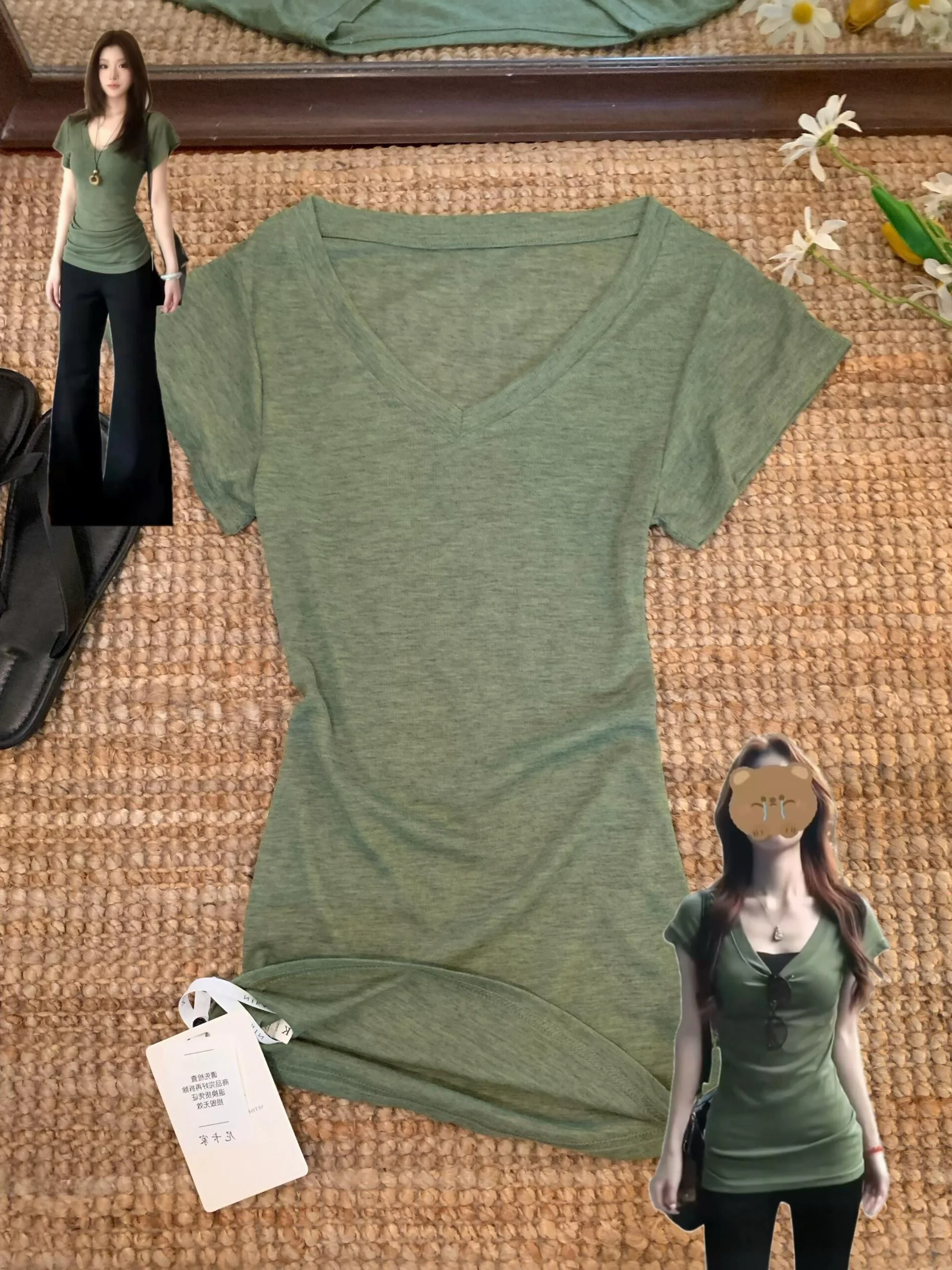 

Chic Green V-Neck Short Sleeve T-Shirt Women's Slim Fit Summer Top Fashionable Versatile Sweet Style Korean Pure Desire Trend
