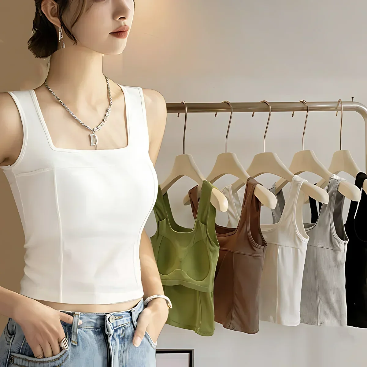 Women's Outer Wear Square Neck Tank Top Solid Color Camisole Undershirt Women Bra Inside Inner Slim Bottom Vest