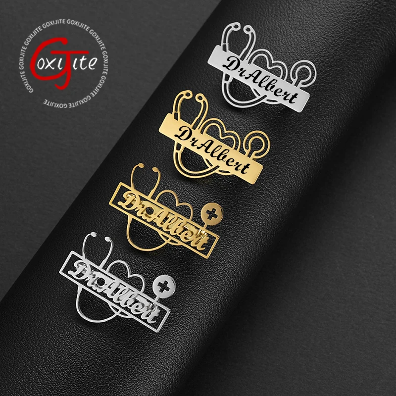 Goxijite Custom Name Stethoscope Shape Rectangular Nameplate Brooch Stainless Steel Personalized Jewelry Gift For Men Women