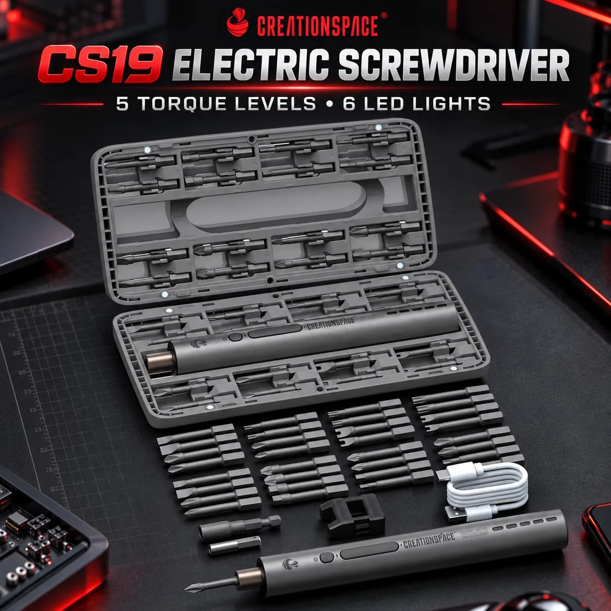 CREATIONSPACE CS19 Electric Screwdriver Rechargeable Cordless Precision Power Tool Kit with 32 Bits LED Light Type-C