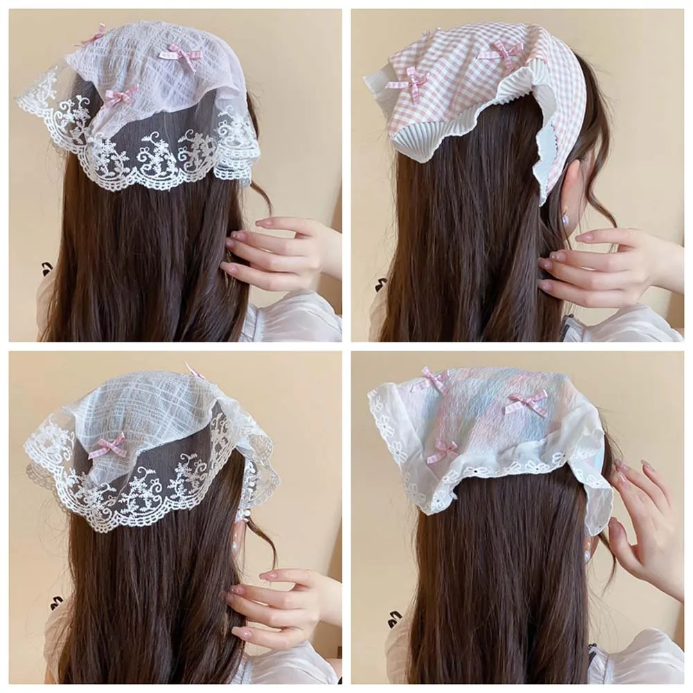 Y2K Countryside Style Bowknot Triangle Bandana Headbands Head Coverings Lace Hair Scarf Hair Band Turban Triangle Scarf Travel