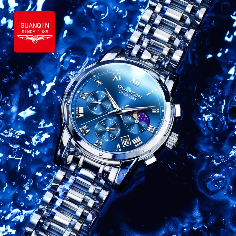 Мужские кварцевые часы GUANQIN Premium: роскошные, деловые, оригинальные, водонепроницаемые, с высококачественным стальным браслетом и функцией Moonswatch
