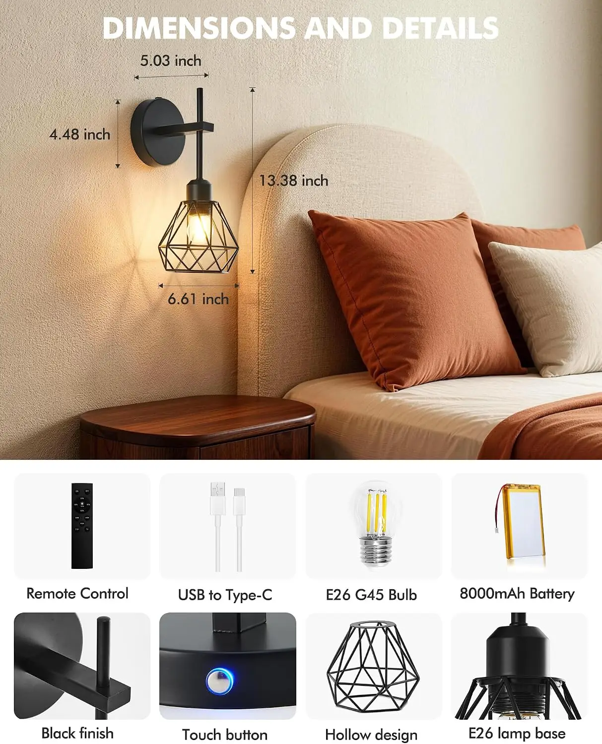 8000mAh rechargeable dimmable wall lamp (2 Pack), with remote control, suitable for decorative lighting in bedrooms, living rooms and corridors