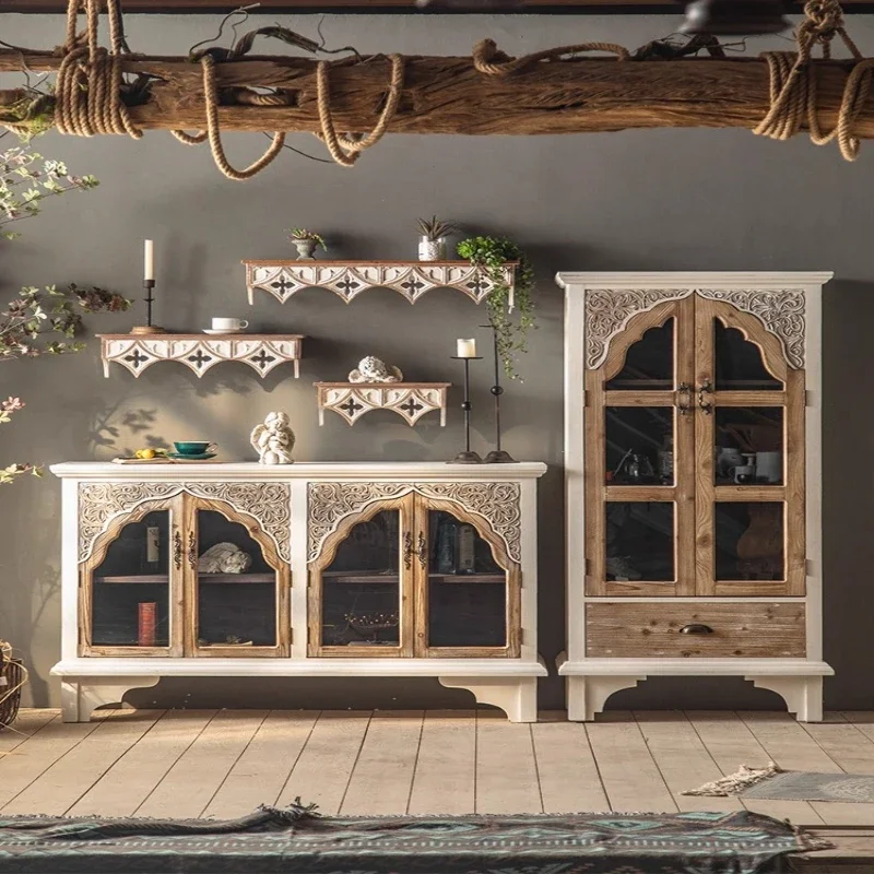 

Retro solid wood wine cabinet home carved porch cabinet glass locker