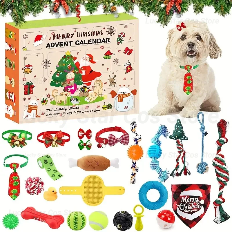

2025 Christmas Advent Calendar for Dogs Cotton Toys Set Chew Ropes Squeaky Balls Teething Toys Bow Ties Collars Countdown Gift