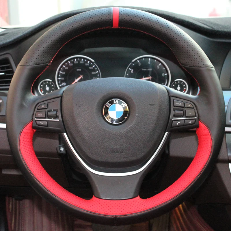 

100% для BMW F10 520i 528i 730Li 740Li 750Li, сшитый вручную, черный, красный, из натуральной кожи, нескользящий чехол на руль автомобиля