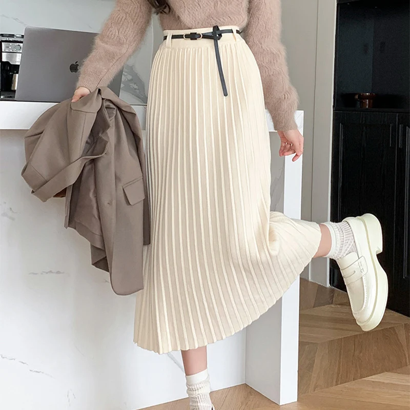 Elegante cintura alta saias de malha feminina primavera outono solto plissado meados de longo saias mulher chique saias de cor sólida feminino