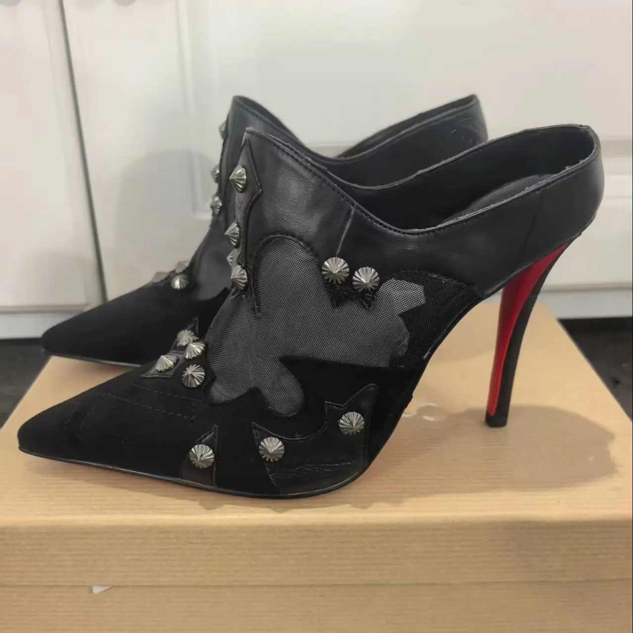 Women Black Mesh Patchwork Mule Heels Metal Spiked Rivets Pointed Toe Slingback Stiletto Sandals Classic Red Sole Punk Club Shoe view 6