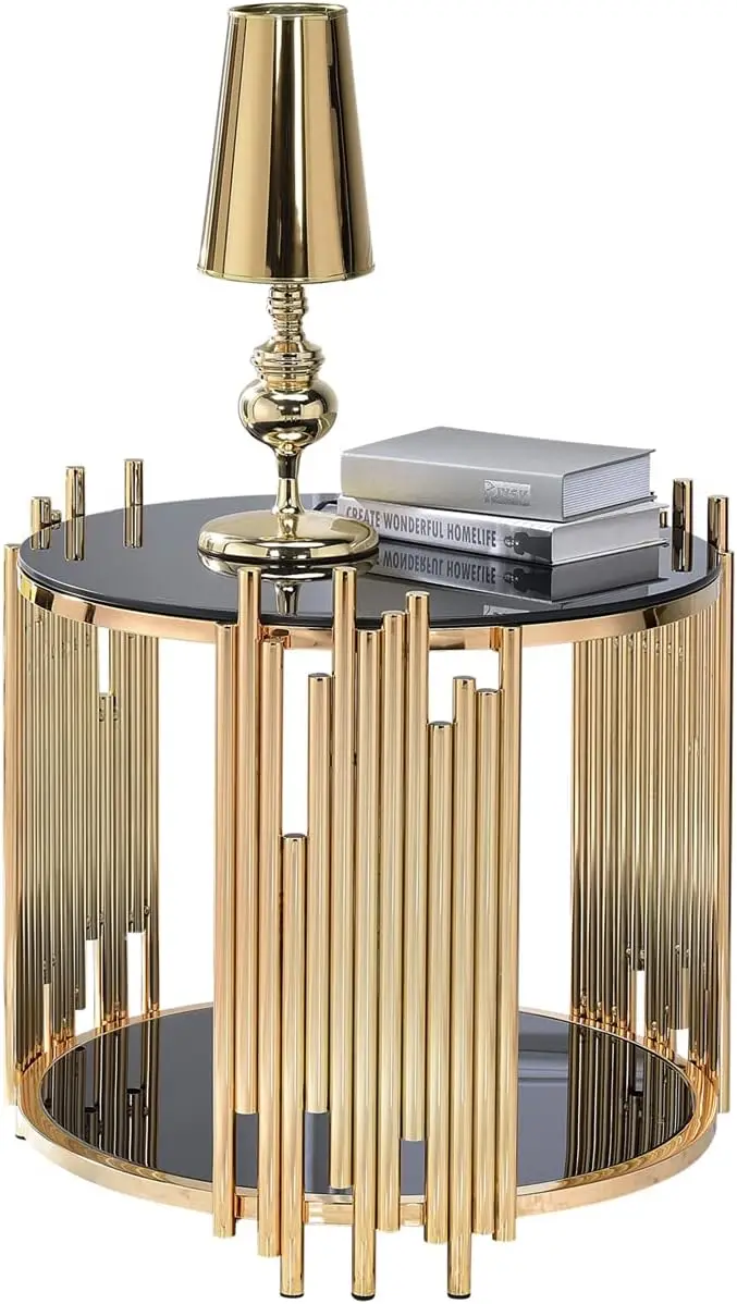 Acme Tanquin Round Glass Top End Table in Black Glass and Gold