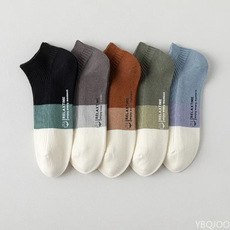 5 pairs of men's short socks sweat absorbing breathable low cut cotton contrasting color men's spring  sports short tube socks ﻿