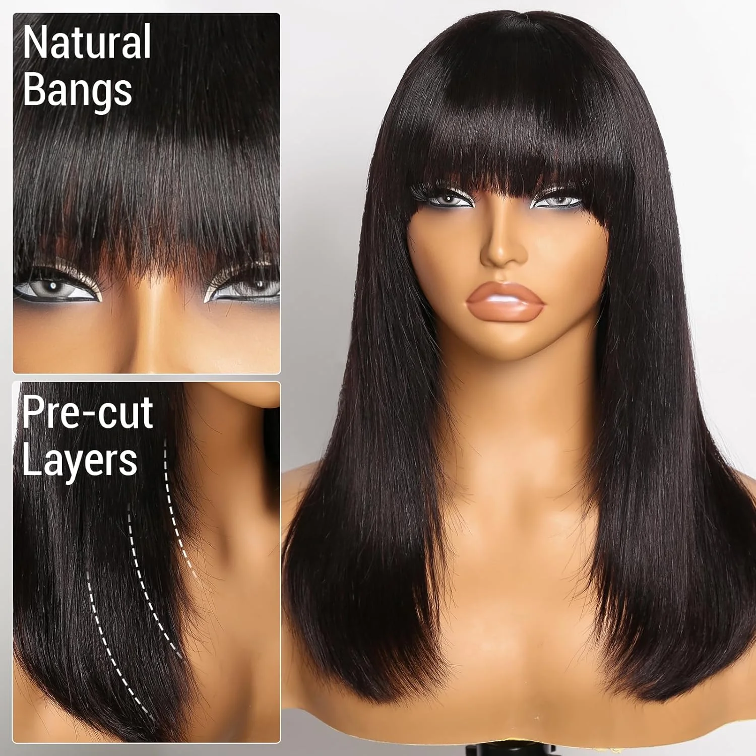 Straight Fake Scalp 100% Human Hair Wig With Bangs Natural Hairline For Women Brazilian Short Bob Wigs 30 36 Inch Fringe Wig