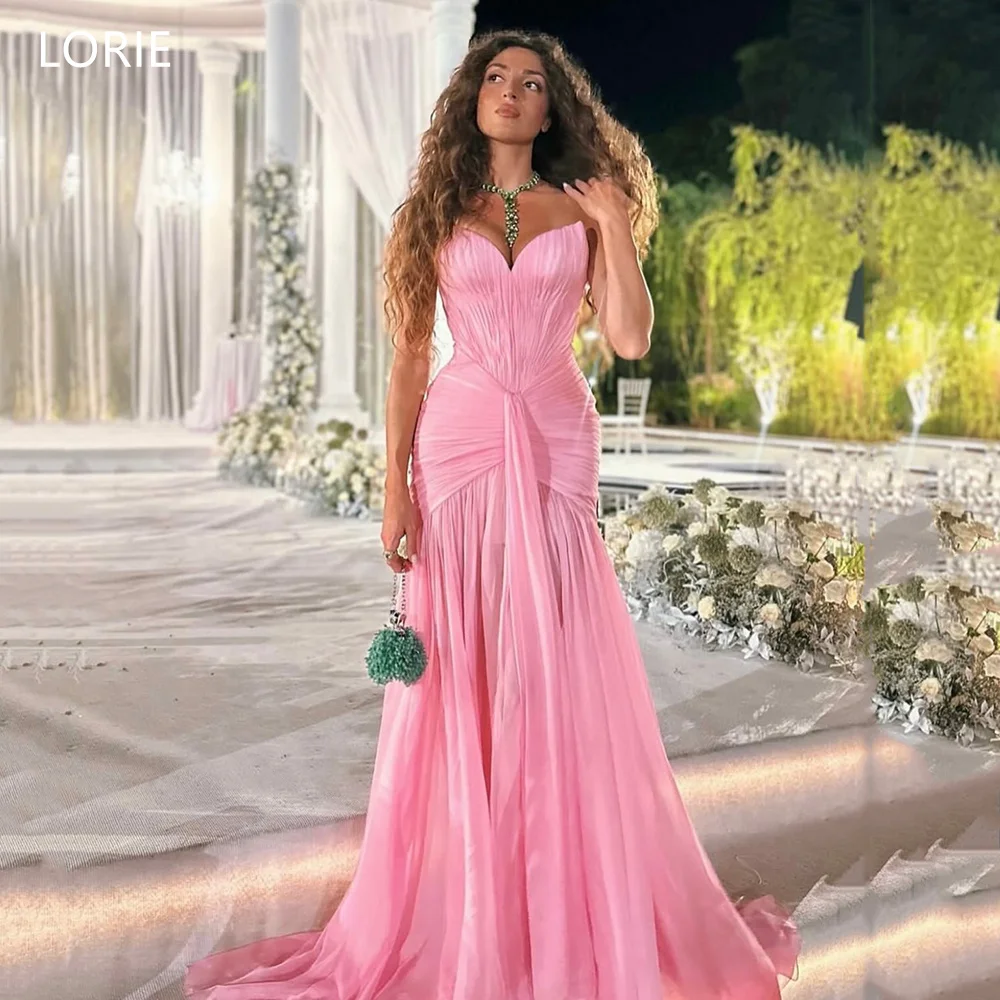 LORIE Chic Pink Chiffon Evening Dresses Strapless Sleeveless Pleats Party Dress A-Line Slit Prom Gowns Customized