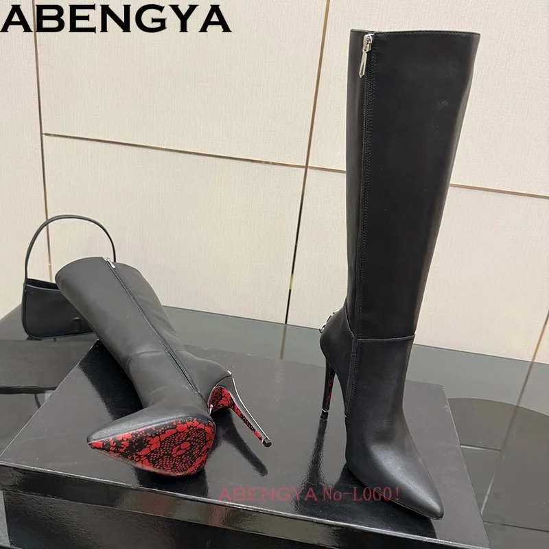 

Sexy Black Leather Knee High Boots For Women Strange Heels Party Long Boots Autumn Thin High Boots Women