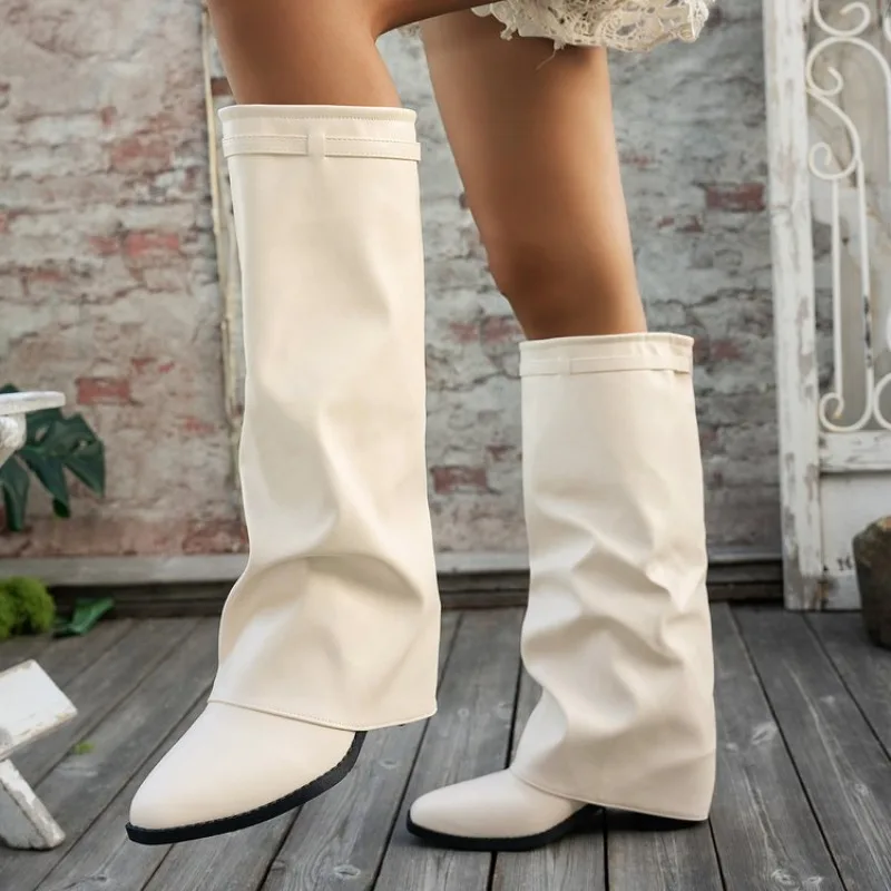 2025 Fashionable Pleated High Heel Boot Autumn New Large Size British Style High Tube Pants Boot Women's Cross Border Gorgeously