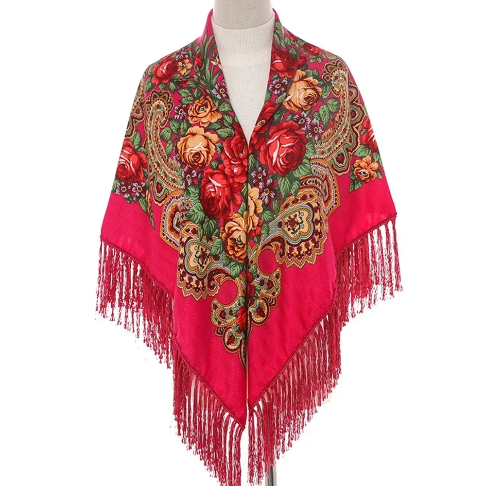 Women Cotton Elegant Muslim Russian Ethnic Floral Printed Vintage Fringe Long Scarf Turban Wrap Shawl Female Tassel Scarf Shawl