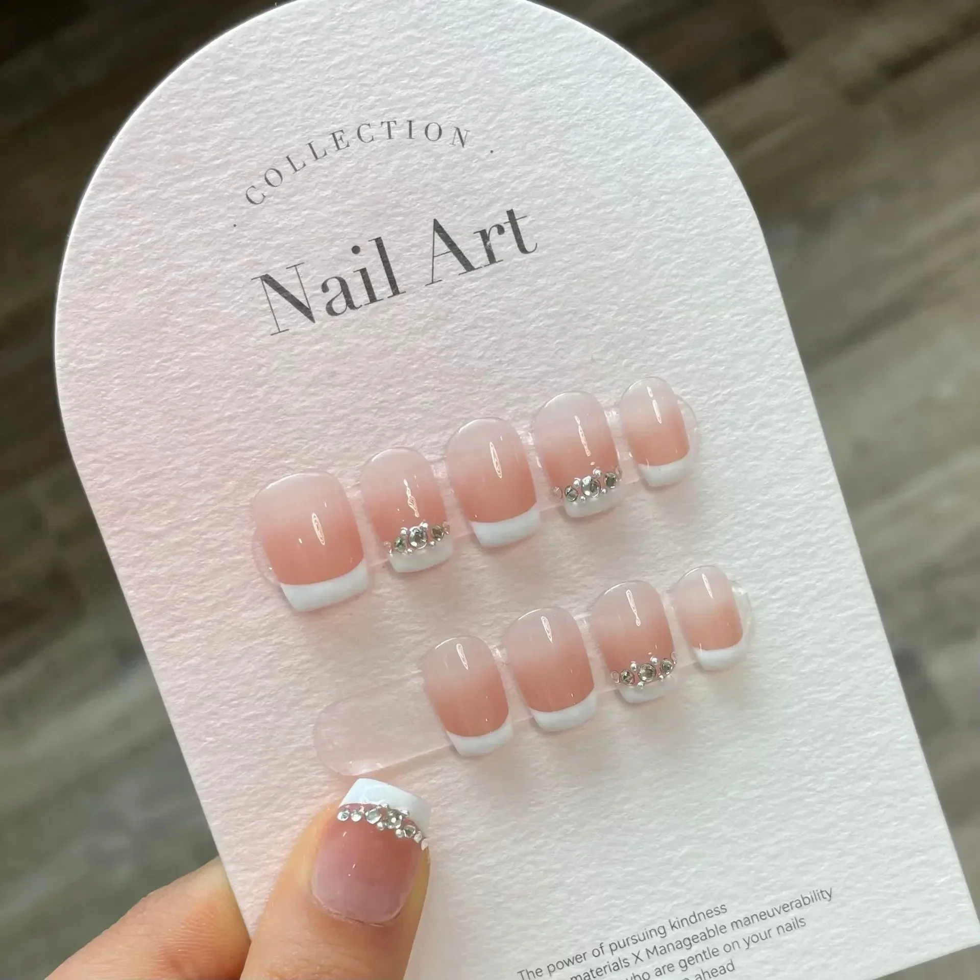 10Pcs Short Gradient French False Nail with White Edge Broken Diamond Wearable Ballet Nails Press on Full Cover Fake Nails Tips image 2