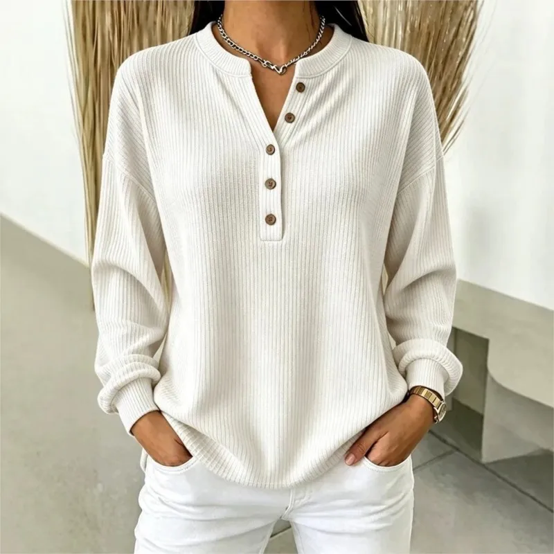 Women Basic Casual Wfle T-Shirts Pullover Spring Autumn Notch Neck Button Front Long Sleeve Knit Loose Blouse Solid Color Top