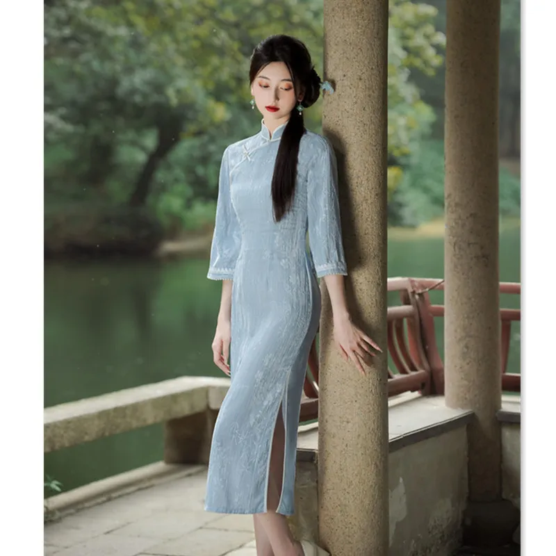 Velvet Full Open Front Long Flare Sleeve Cheongsam 2023 Autumn Winter New Fashion Improvement New Chinese Elegant Gentle Qipao