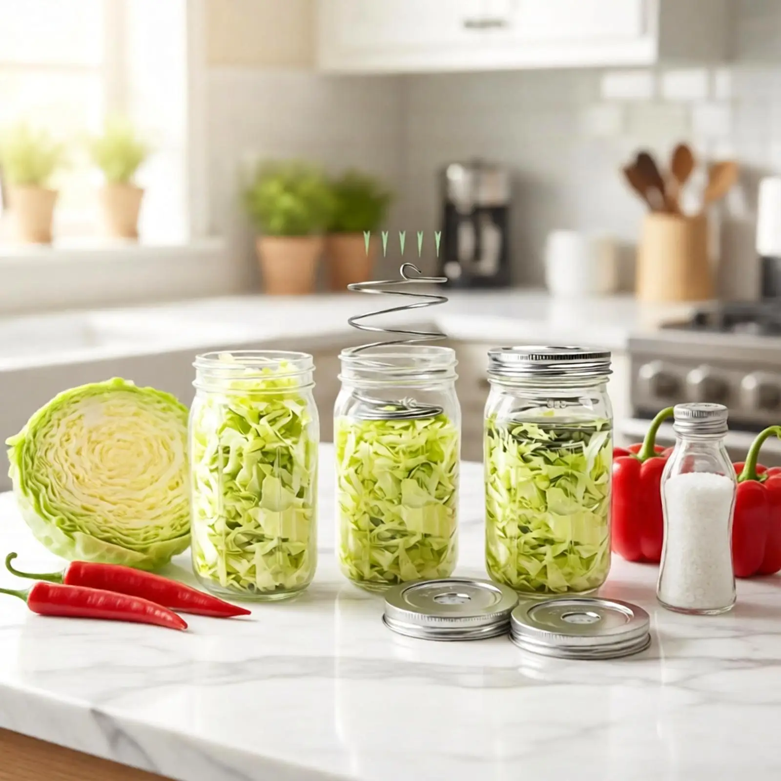 Self-venting Fermentation Lid Stainless Steel Mason Jar Lid w/ Down Pressure Spring Fermenting Kit for Pickles Kimchi Sauerkraut