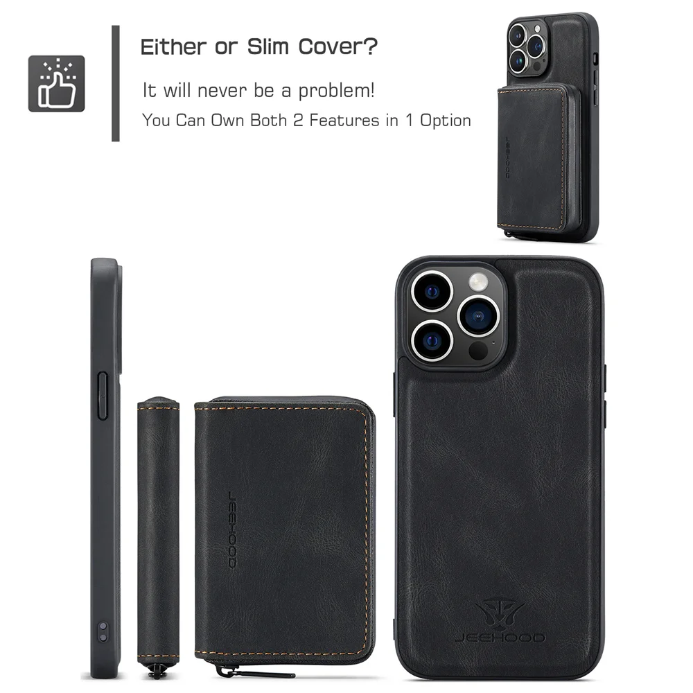 JEEHOOD Luxury Detachable Zipper Purse Magnetic Wallet Case for 15 Pro Max 6s 7G 8 XR XS Max 11 Pro 12 13 Mini 14 Plus Phone Bag