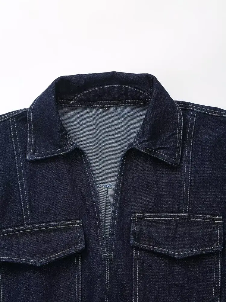 Maxdutti 2025 Summer High Street Denim Shirt Women Double Pockets V-neck Short Blouse Women Tops