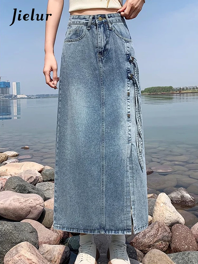 Fashion Street Casual Loose Woman Skirts Summer New High Waist Slim Denim Women Skirts Simple Basic Slit A-Line Skirts Female