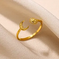 Creative Facial Sun Moon Rings For Women Gold Color Stainless Steel Opening Ring Fashion Party Birthday Wedding  Jewelry Gift