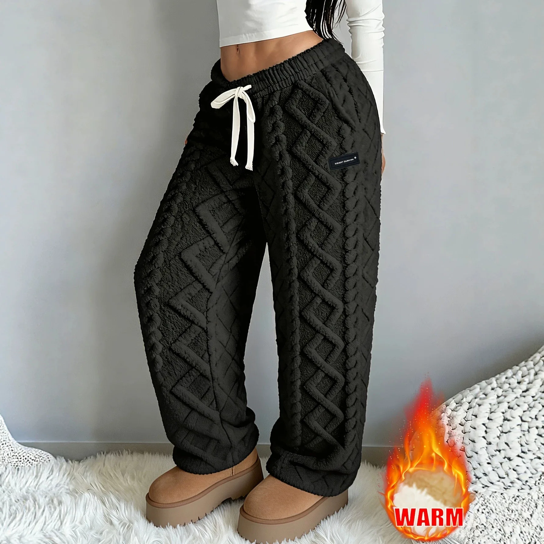 Women's textured fleece wide-leg pants thickened for winter warmth elastic waistband soft and comfortable stylish for everyday