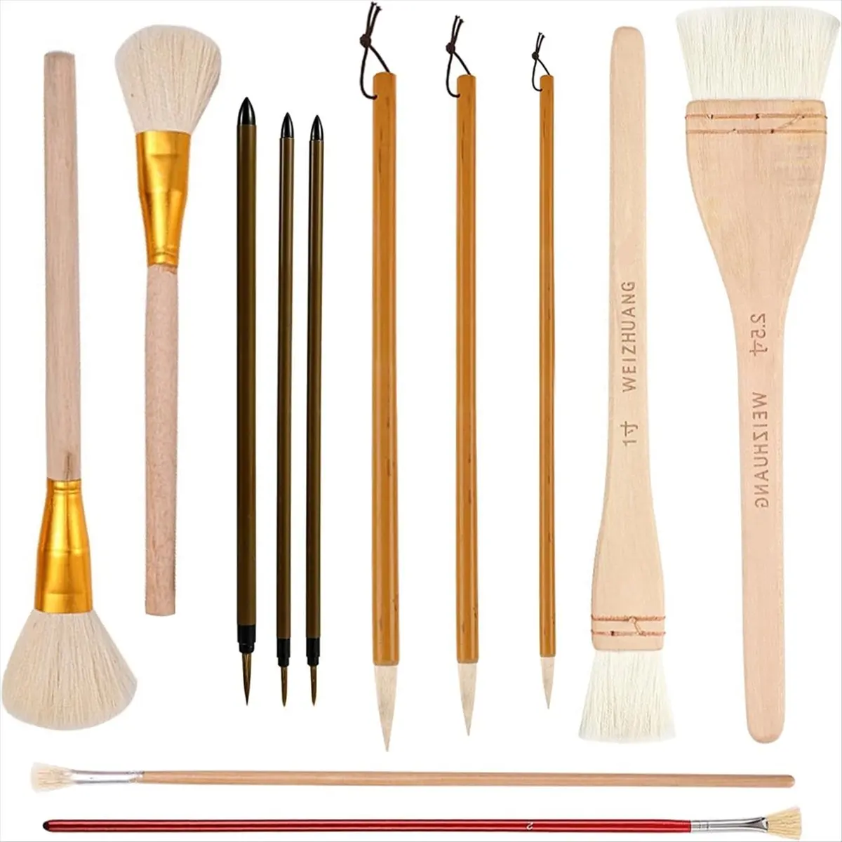 BHBL 12Piece Pottery Glaze Brush Set Assorted Shapes for Pottery, Watercolor - Wool Bristle Art Paintbrushes for Artists