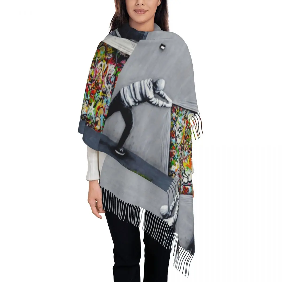 

Banksy Uncovering Graffiti Shawl Wrap Women Warm Large Long Scarf Street Art Spray Neckerchief Tassel Scarves