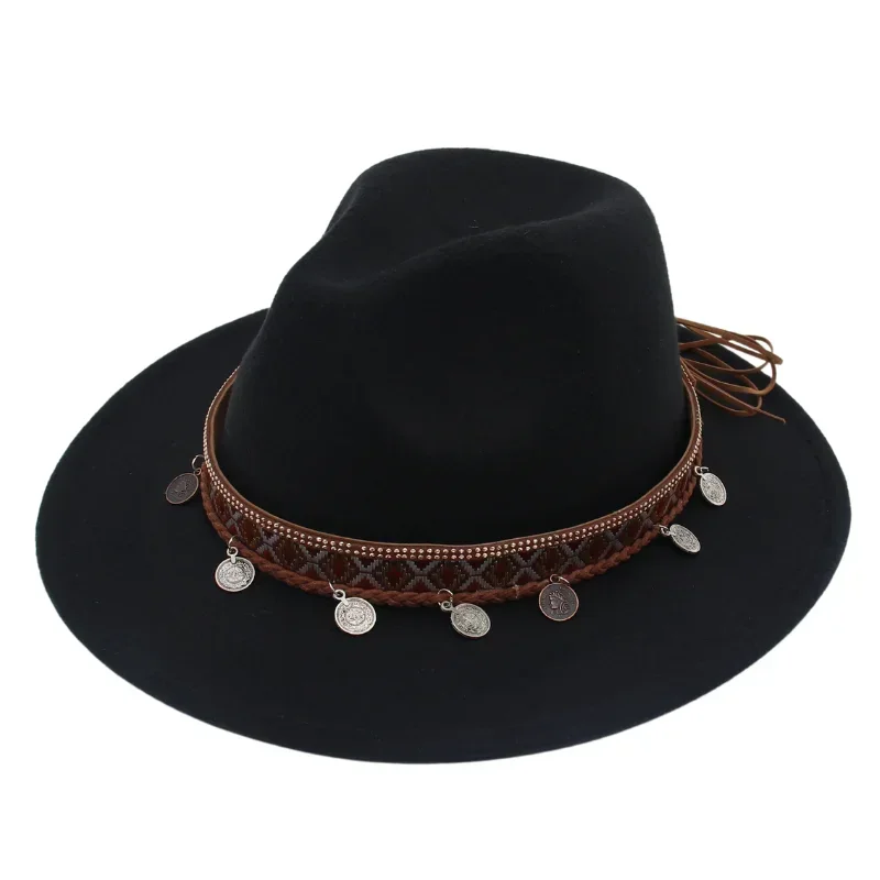 New Bohemian Ethnic Style Fedora Hats Dance Casual Flat Brim Jazz Felt Hat Autumn Winter Women Men Classic Dress Hat American