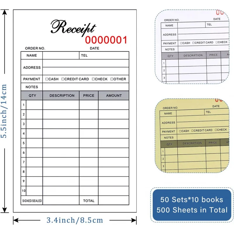 10 Receipt Book, 3.4x5.5 Handheld 2-Part Carbonless Sales Invoice Book, Invoice Pad with Cardboard Small Boutique Busi