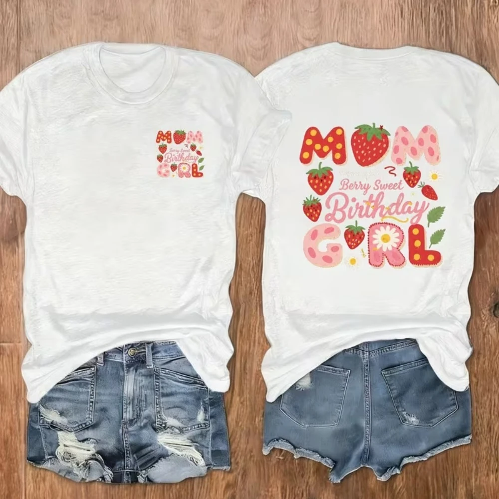 Mom of The Birthday Princess Strawberry T-Shirt Cute Berry Sweet First Birthday Graphic Tee Casual Short Sleeve Top for Mom Gift