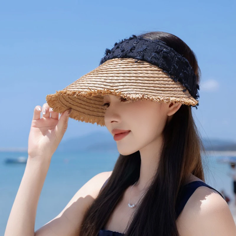 Odporny na słońce kapelusz słomkowy damski letni kapelusz przeciwsłoneczny z szerokim rondem plażowa osłona przeciwsłoneczna Casual Emp Top Hat na wycieczki wakacyjne Odporny na promieniowanie UV