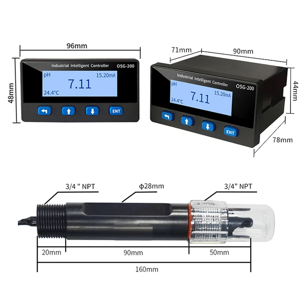 PH Meter Water Quality Detector Display PH Industrial Transmitter Analyzer Electrode Probe pH Value Sensor AC220V Power Supply