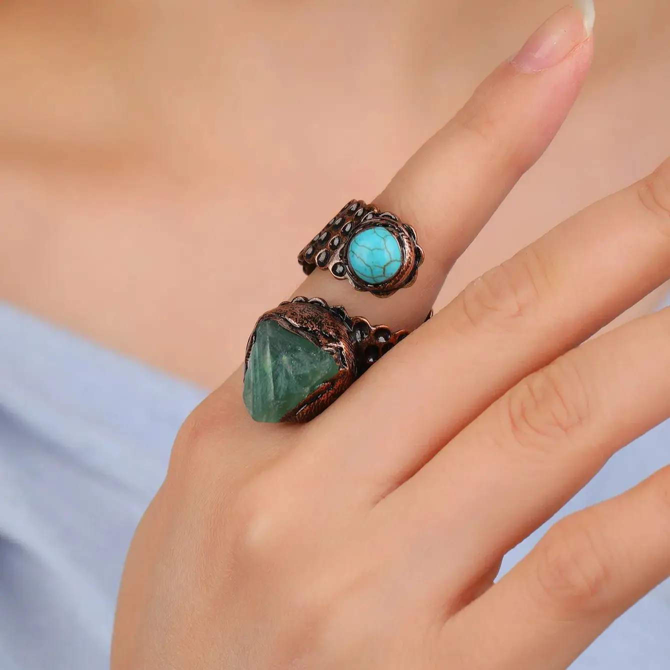 YEEVAA Green Fluorite Stone Turquoise Adjustable Ring Healing Crystal Gemstone Bronze Plated Double-headed Handmade Jewelry