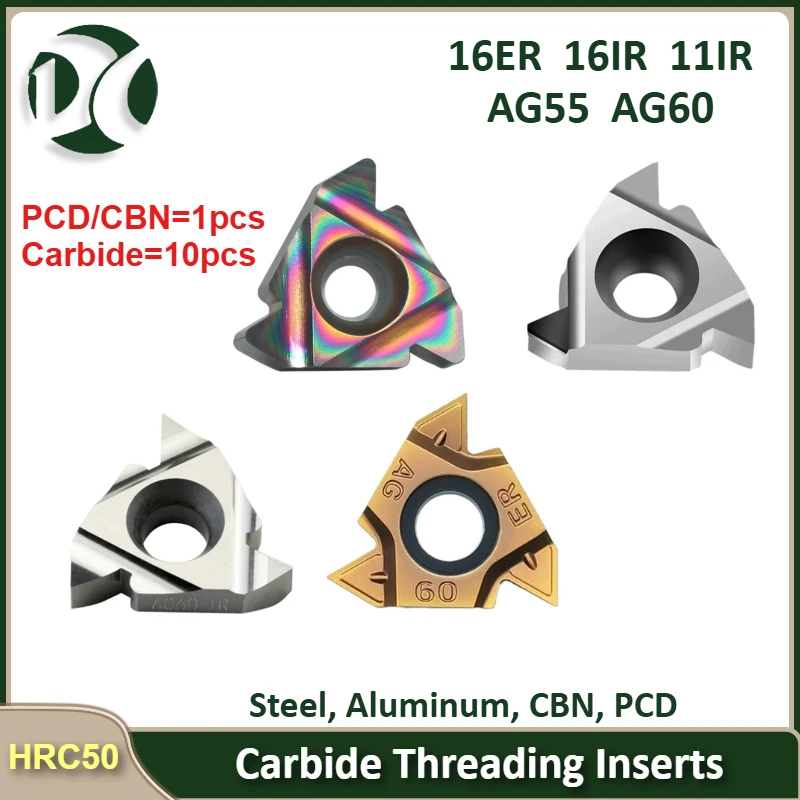 

Carbide Threading Inserts 16ER 16IR 11IR AG55 AG60 – Indexable Lathe Tools for OD & ID Turning, Suit Steel, Aluminum, CBN, PCD