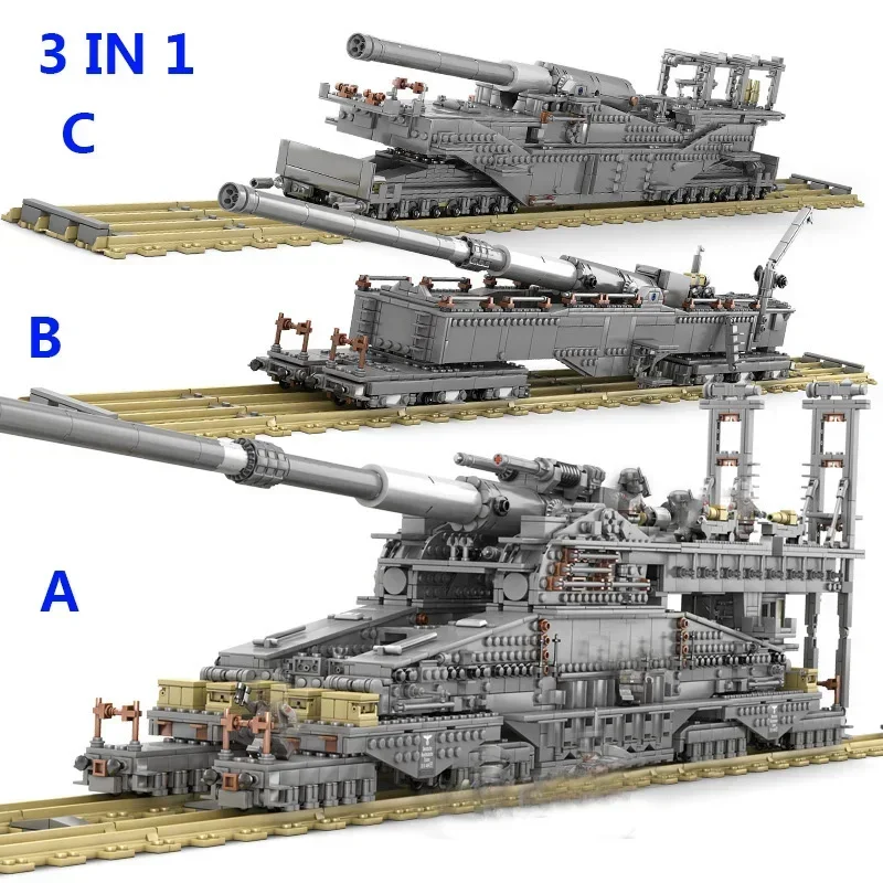 KY10005 ww2 German Gustav Heavy Artillery 3 Transformed Dora Train Cannon Soviet TM3-12 Railway Building Blocks Children's Toy