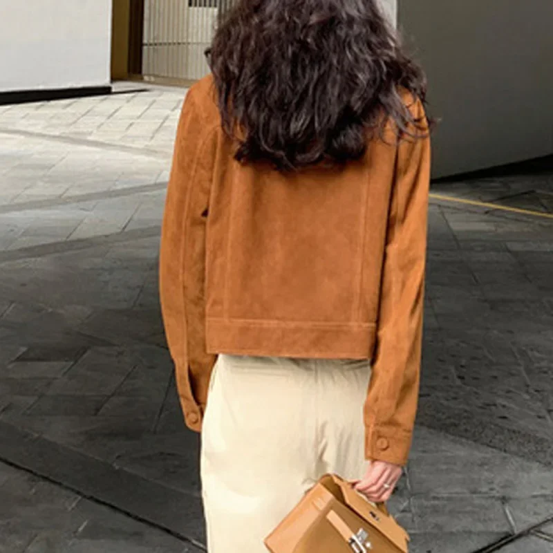 Chaqueta de cuero informal de calidad para mujer, abrigo de piel de ante de Cachemira para primavera 2025, chaqueta versátil adelgazante para mujer, ropa de calle