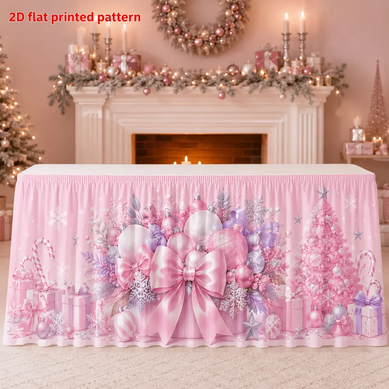 Light pink Christmas patterned table skirt. Suitable for holiday party tables, family gatherings and festivals.xzj